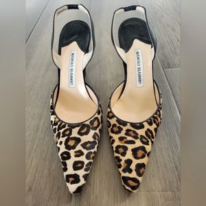 Manolo Blahnik Carolyne Leopard print Pony Hair Slingback Pumps